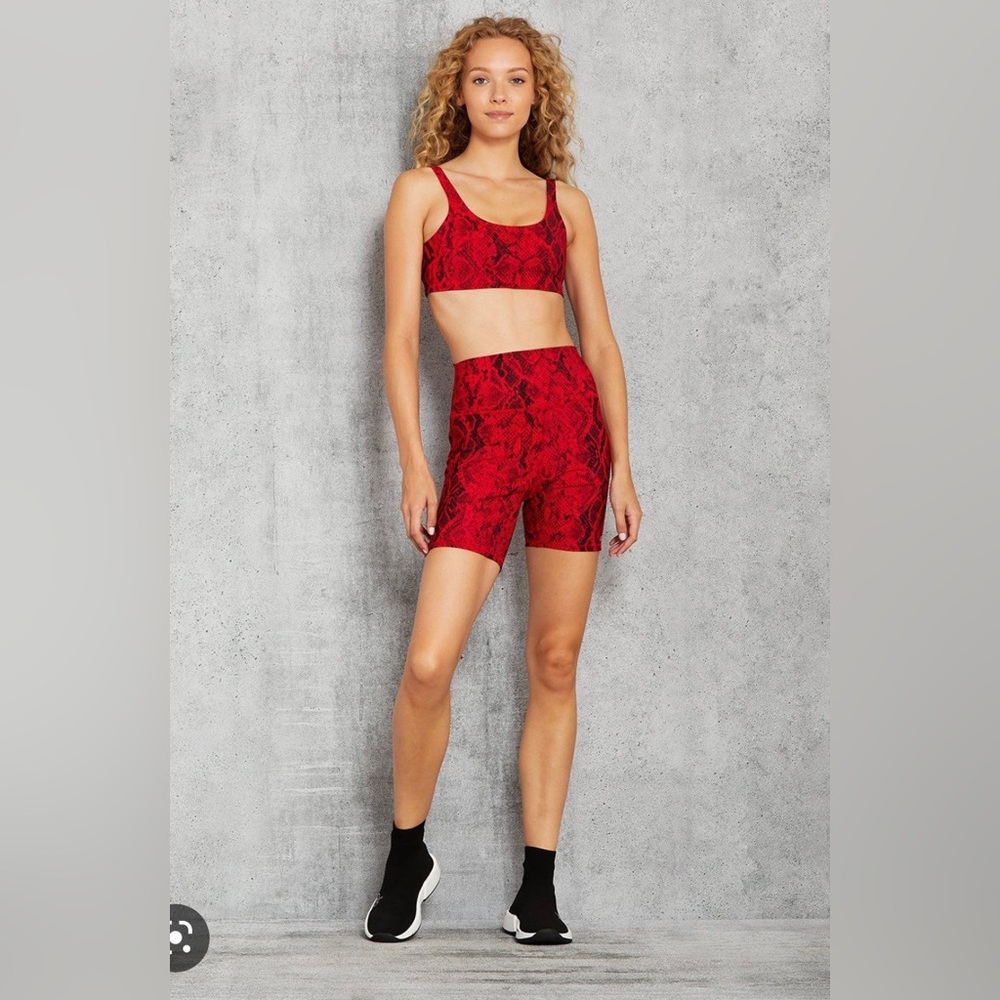 ALO Yoga Red Snakeprint Sports Bra and High-Rise Biker Shorts Set